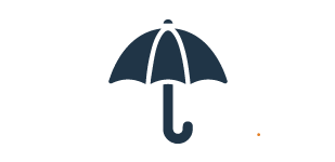 Dark blue, cartoon icon of an open umbrella.