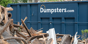 A blue Dumpsters.com roll off dumpster in front of a pile of waste.